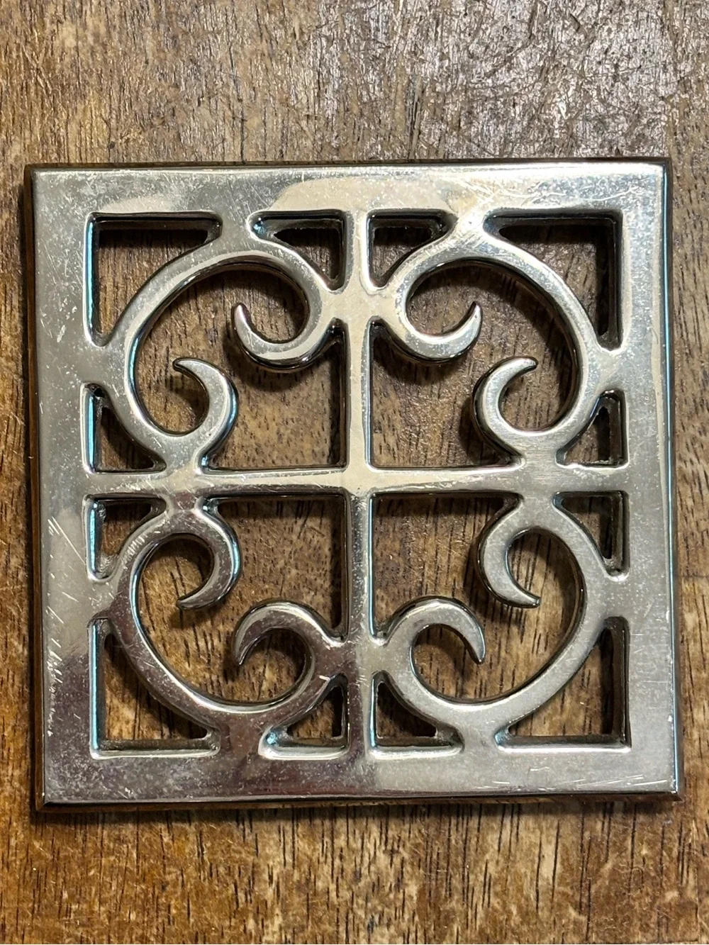 Vintage Silver Tone Metal Trivet Ornate Scrollwork Footed 4.25” Square